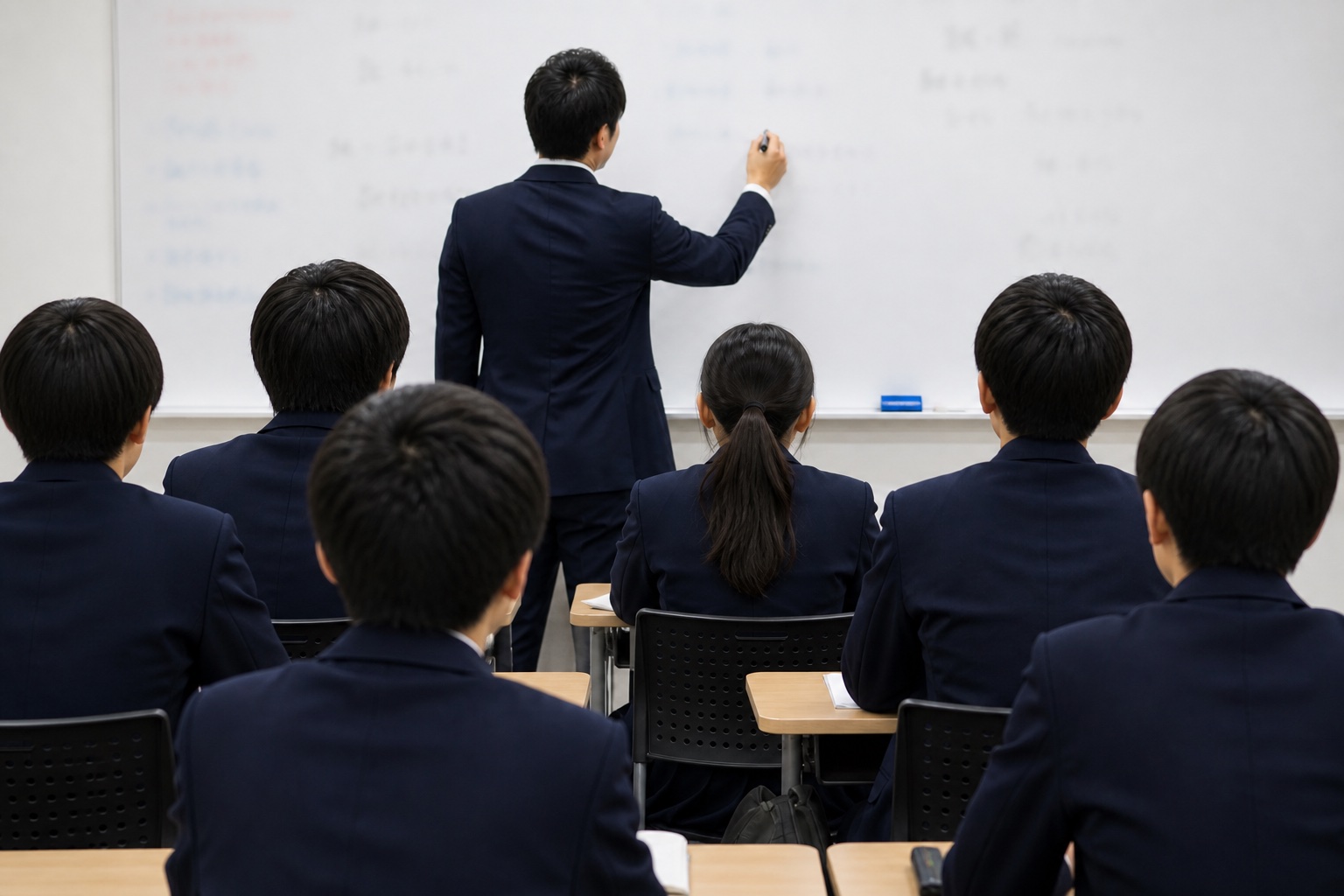 ホワイトボードに板書する講師と生徒たちの後ろ姿（授業風景のイメージ写真）